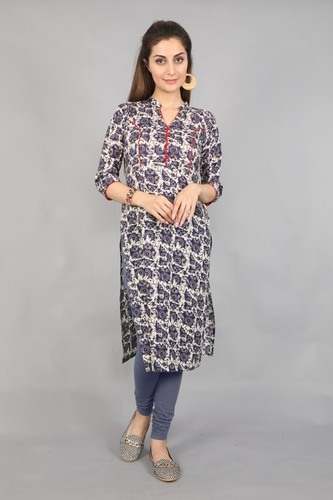 Printed Blue Mandarin Collared Kurti