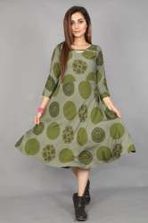 Printed Green Flared Rayon Dress