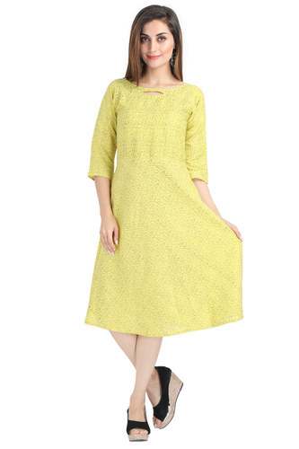 Printed Yellow Mid Length Frock
