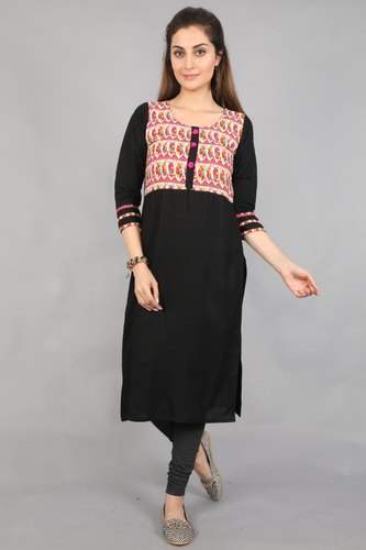 Solid Black Rayon Casual Kurta by Neels Creative Creation