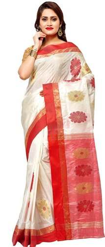 Red and White Semi Tussar Silk Saree  by Shubho Laxmi Garments