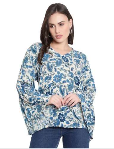 Flared Sleeve Round Neck Printed Rayon Tops by Fashion Emporium