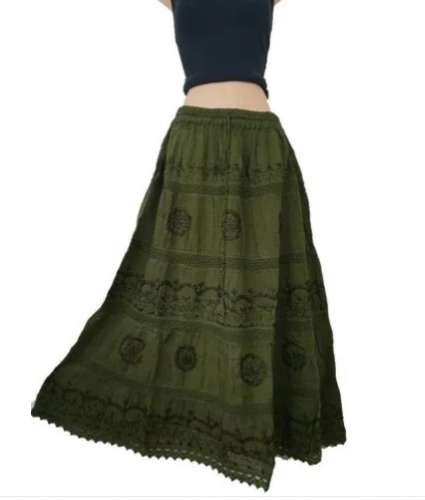 Green color Ladies Embroidered Cotton Long Skirt by Fashion Emporium