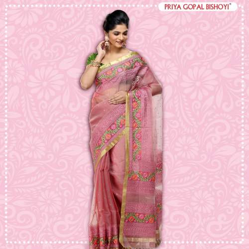 Exclusive Muslin Handloom Golden Zari Saree by Priya Gopal Bishoyi