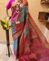 Printed Classical And Good Looking Saree With Linen With Gold Jari Patta thumb 1