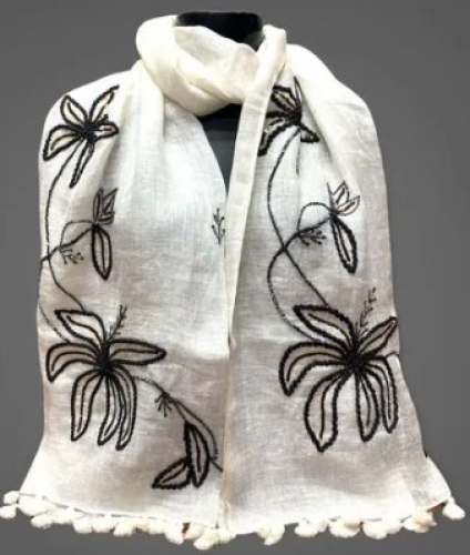 Khadi White Linen Hand Embroidered Stoles by G I Overseas