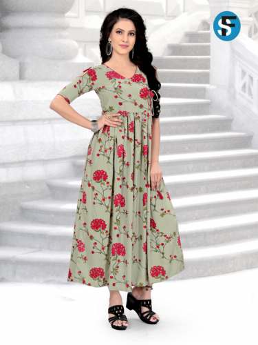 Rayon Grey Floral Print Long Kurti FS-112