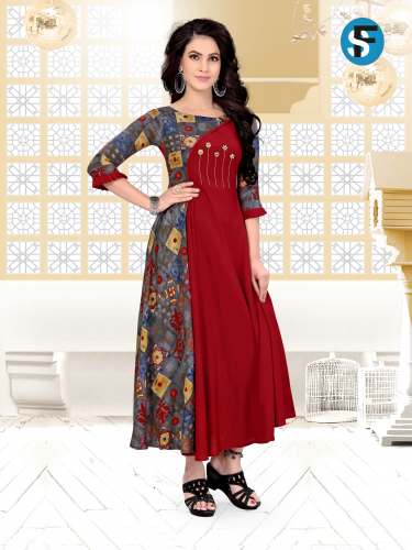 Rayon Printed Long Flared Kurti FS-113