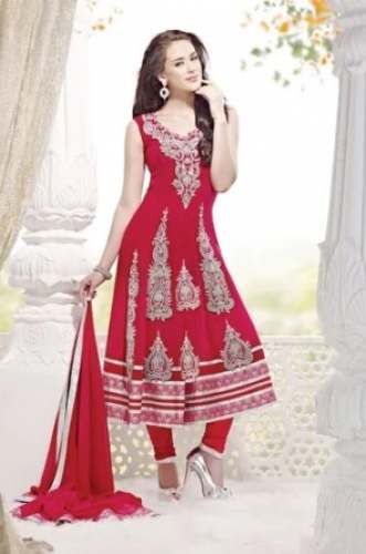 Red Anarkali Embroidery Suit For Women by Tanzeib Art