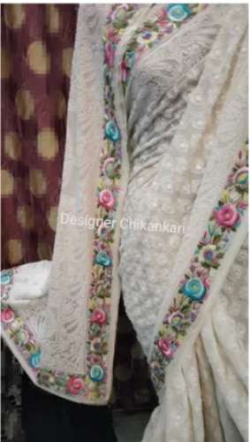 white Formal Wear Chikankari Hand Embroidery Saree  by Unique Chikan