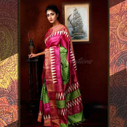 Pretty Pink Temple Border Tussar Silk Saree by Glamours Town