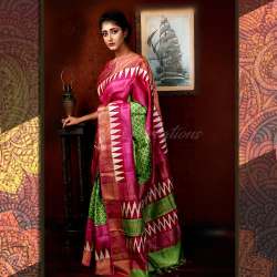 Pretty Pink Temple Border Tussar Silk Saree