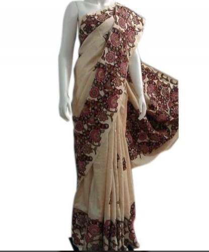 Women Cream Cotton Printed Handloom Saree by Madhumitas Fabric