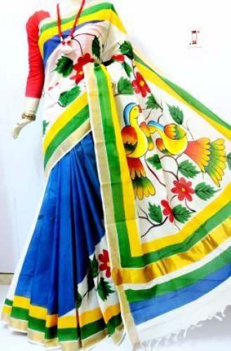 Bengal Handloom Hand Painted Kerala Cotton Saree by Creativeamps