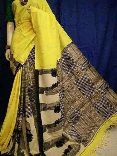 Yellow Fancy Printed Cotton Sarees by J J Tradelink