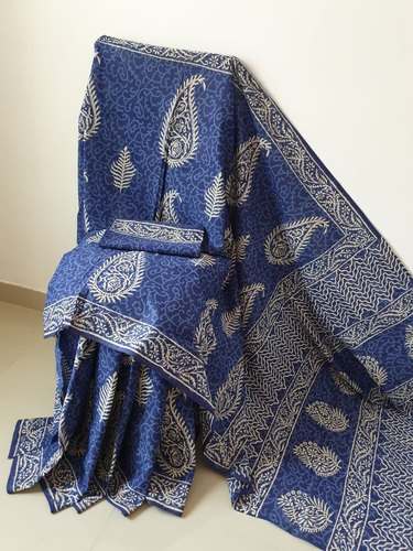 Blue Cotton Hand Block Printed Saree by Rividea Chiffonier Pvt Ltd