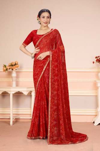 Festival Wear Red Bandhani Print Saree