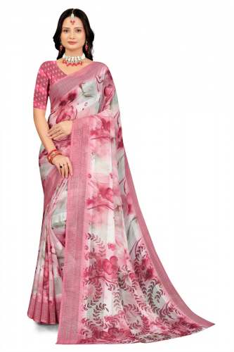 Pink Floral Printed Soft Saree with Designer Blouse