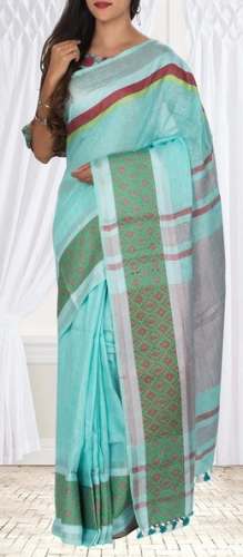 Stylish Turquiuse Linen Saree by Sri Palam Silk Sarees