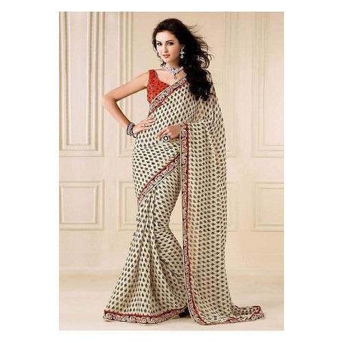 Fancy Creame Chiffon Printed Saree