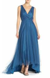blue v neck Party Gown