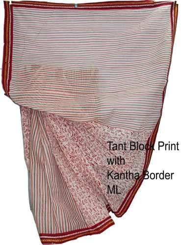 Block Printed Tant Saree With Kantha Border  by Swyan Udyogi Nari