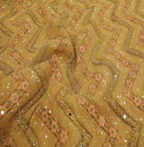 Mustard Embroidery Net Fabric With Sequin Work by F Studio