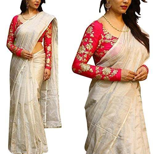  Plain Cotton Silk saree with embroidered blouse by Sandhya Corporation