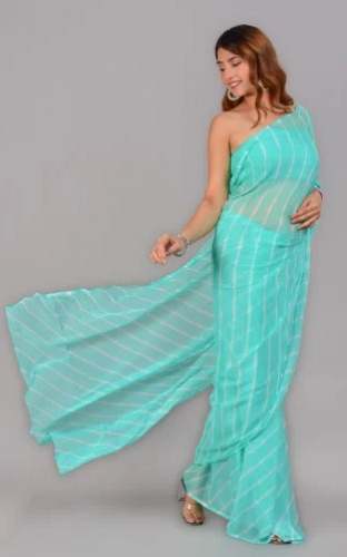 Turquoise Chiffon Leheriya saree  by Bagru Hast Kala Printers