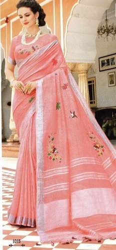 Light Pink Embroidered Linen Saree by Nehas World Of Fashion