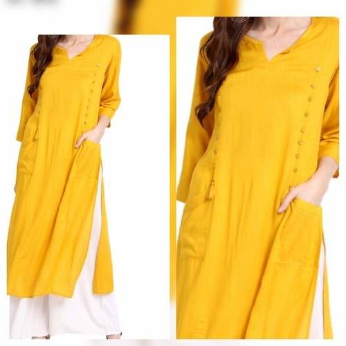 Yellow Plain rayon Slub Kurti 