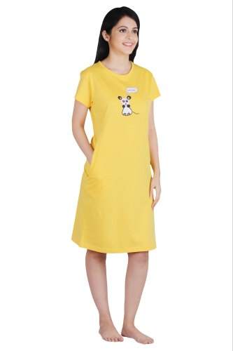 Knee Length Short Yellow Pocket Nighty  by Appus Collections
