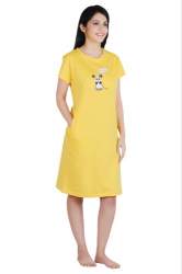 Knee Length Short Yellow Pocket Nighty 