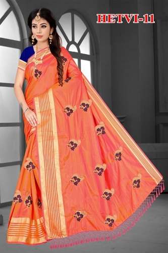 Designer Orange Silk Cotton Saree
