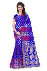 BLUE RED BEIGE BANARASI SILK DESIGNER SAREE