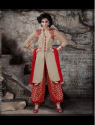 EMBROIDERED CREAM RED PATIYALA SALWAR KAMEEZ