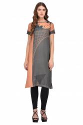 GREY ORANGE PRINTED DIGITAL COTTON STITCHED KURTI