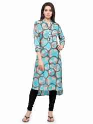 SKY BLUE MULTI PRINTED RAYON STITCHED KURTI