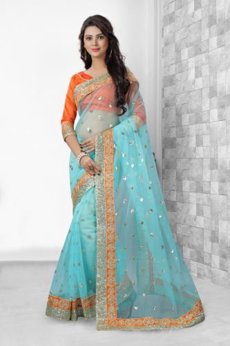 THANKAR SKY BLUE NET DESIGNER SAREE
