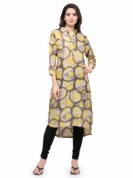 YELLOW MULTI PRINTED RAYON STITCHED KURTI