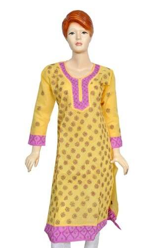 yellow Chikan Kurti by Kundan Sales