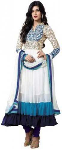 White and Blue Party wear Anarkali Suit by Preeti Ladies Wear Emporium And Gifts