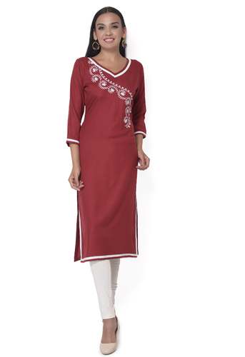 Ritzzy Maroon Embroidered Rayon Kurti