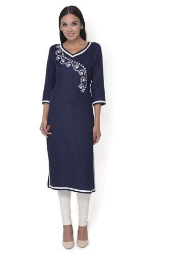 Ritzzy Navy Blue Embroidered Rayon Kurti by Ritzzy Creations