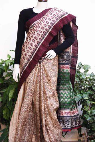 Hand Block Printed Tussar Gicha Silk Saree by Jai Texart