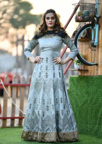 Grey Color Fancy Handwork Anarkali type Gown. by Khushbu Fashion