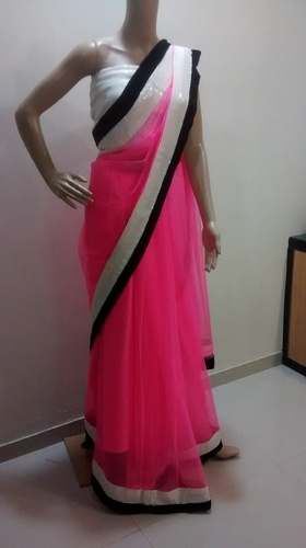 Stylish Plain Net Lace Border Saree by Mystique Creations