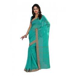 Aqua Green Plain Cotton Saree At Low Rate 