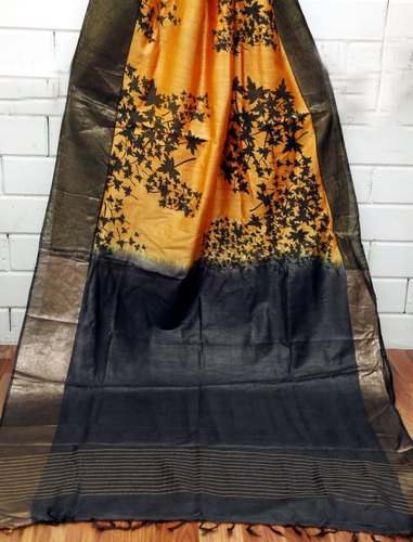 Buy New Block Printed Pure Muga Tussar Silk Saree by Sharon Sarees