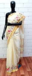 Off White Embroidered Tussar Silk Saree